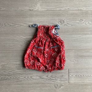 ADORABLE Red Paisley + Chambray Trim Baby Romper
